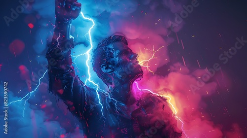 Hand holding lightning thunder Energy and power. Stormy background. #823590742