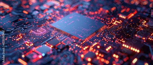 Illuminated microchip on a detailed and complex motherboard photo