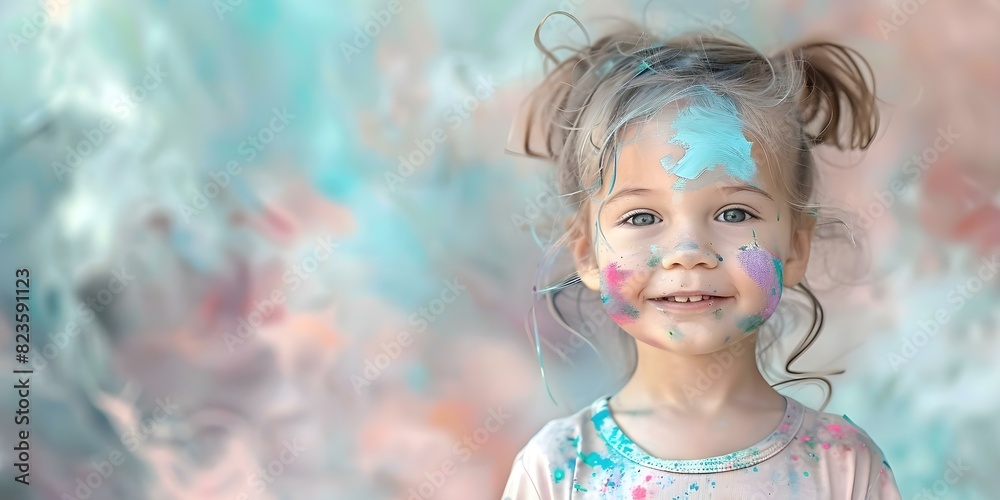 Fototapeta premium Blissful child adorned in vibrant paint exuding sheer joy and imagination. Concept Joyful Portraits, Colorful Props, Playful Poses, Imagination, Outdoor Photoshoot