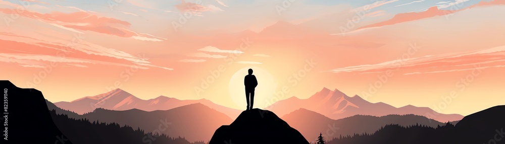 Silhouette of a person standing on a mountain peak, overlooking a serene sunset with colorful skies and distant mountains.