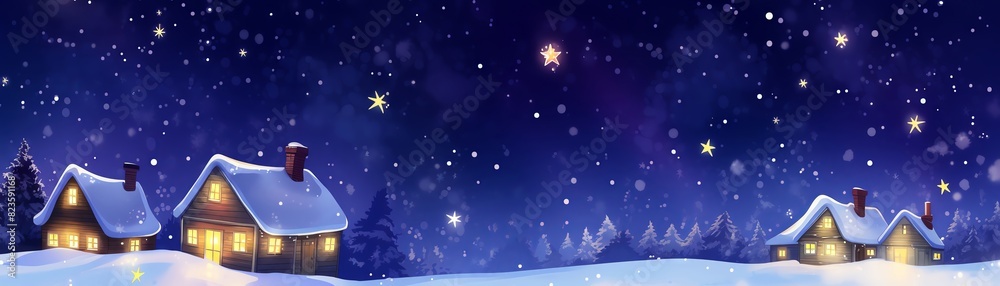 Cozy winter night in a snow-covered village with starry sky, warm lights in houses, and serene atmosphere, perfect for holiday and winter themes. Cozy winter night in a snow-covered village with starry sky, warm lights in houses, and serene atmosphere, perfect for holiday and winter themes.