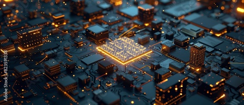 Glowing microchip on a complex and detailed electronic board photo