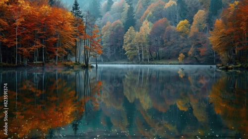 A serene lake reflecting an autumn forest.