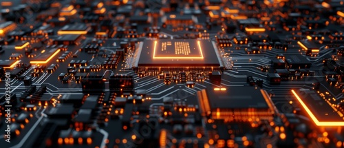 Glowing effect on a microchip, emphasizing the complexity of the motherboard photo