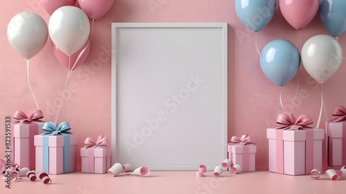 White frame background, birthday themed, balloons and gifts on the side of it, pink wall behind it. 