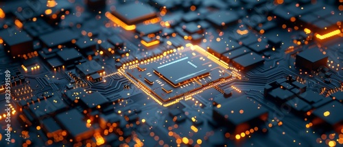 Glowing computer chip on a hightech motherboard with visible electronic details photo