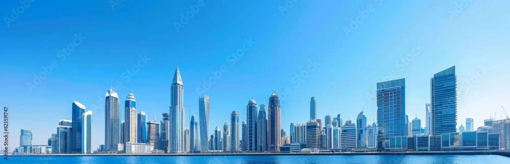 A panoramic view of the city skyline, showcasing tall buildings and skyscrapers