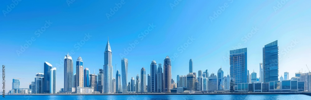 A panoramic view of the city skyline, showcasing tall buildings and skyscrapers A panoramic view of the city skyline, showcasing tall buildings and skyscrapers