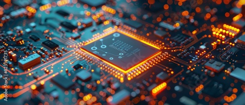 Detailed view of a highlighted microchip on an electronic motherboard photo