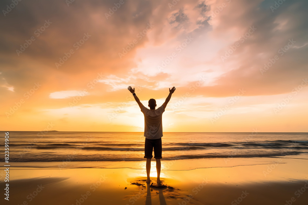 Happy man raising arms up enjoying sunset on the beach - Delightful traveler standing with hands up looking morning sunrise - Self care, traveling, wellness and healthy life style concept