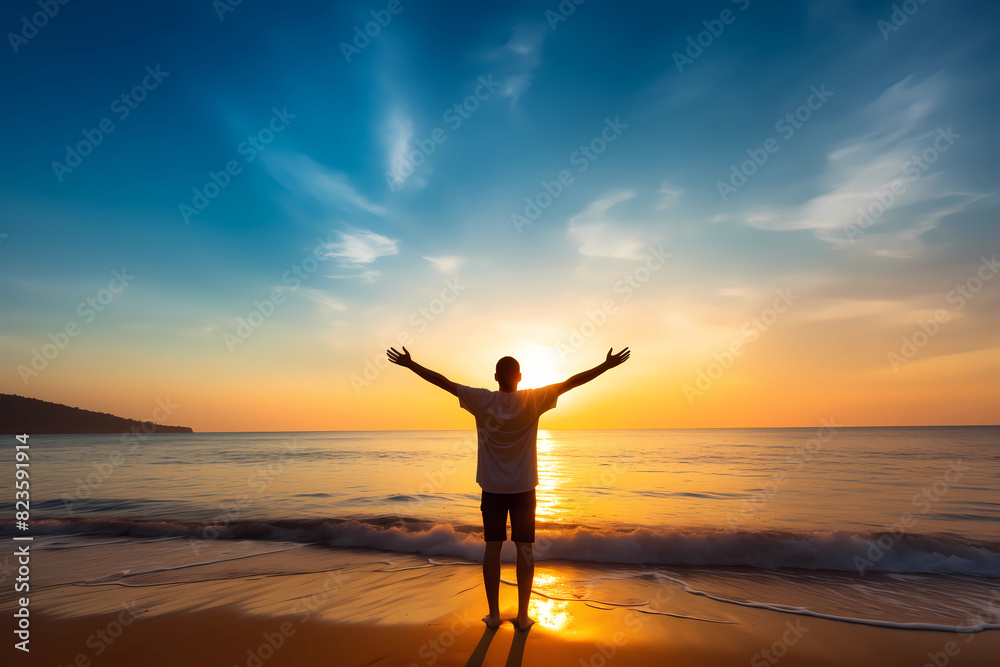 Happy man raising arms up enjoying sunset on the beach - Delightful traveler standing with hands up looking morning sunrise - Self care, traveling, wellness and healthy life style concept