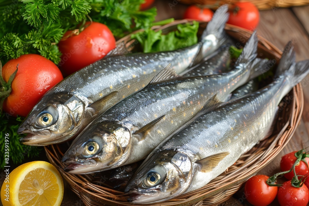 Sardines in a Basket With Tomatoes and Lemons Sardines in a Basket With Tomatoes and Lemons