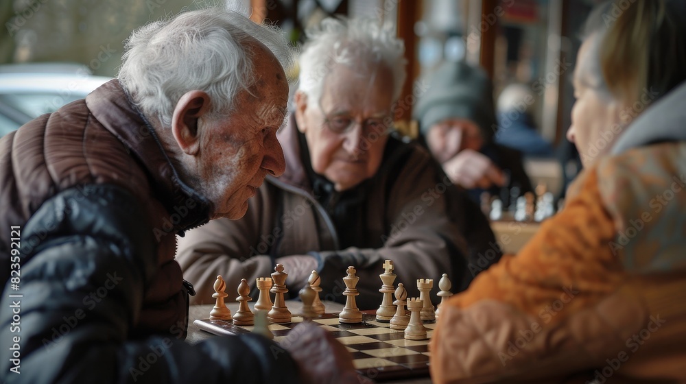 Elderly residents engaged in a game of chess in the community clubhouse Elderly residents engaged in a game of chess in the community clubhouse