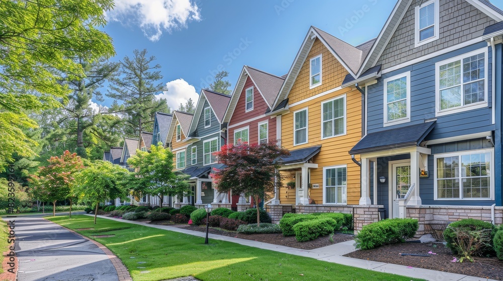 Colorful row of townhouses nestled in a peaceful suburban neighborhood