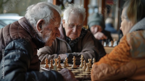 Elderly residents engaged in a game of chess in the community clubhouse