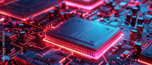 Detailed closeup of a glowing microchip on a hightech motherboard photo