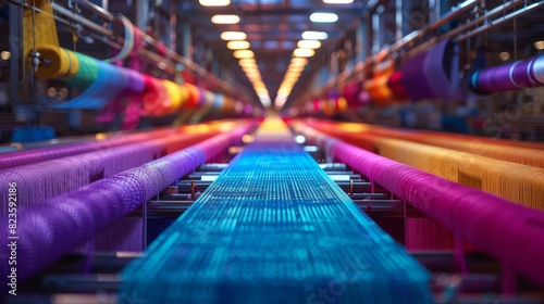 Textile manufacturing facility with rows of looms producing colorful fabrics photo
