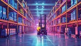 Logistics warehouse filled with neatly stacked packages and automated forklifts