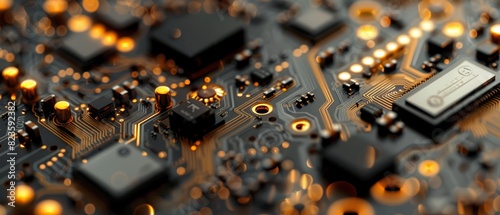 Closeup view of a highlighted computer chip on an intricate motherboard photo