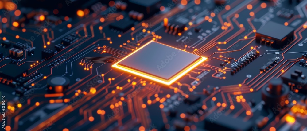 Closeup of a glowing microchip on a sophisticated motherboard Closeup of a glowing microchip on a sophisticated motherboard