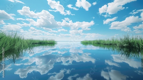 A serene pond reflecting a clear blue sky and fluffy white clouds.