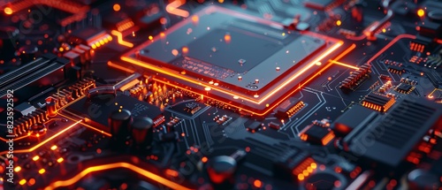 Closeup of a glowing microchip on a sophisticated motherboard photo