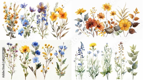 Watercolor drawing of various wildflowers  including bluebonnets  poppies  and daisies.