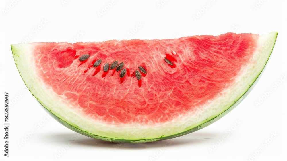Close-up of a fresh watermelon slice, juicy red flesh and seeds visible, isolated on white background, studio lighting