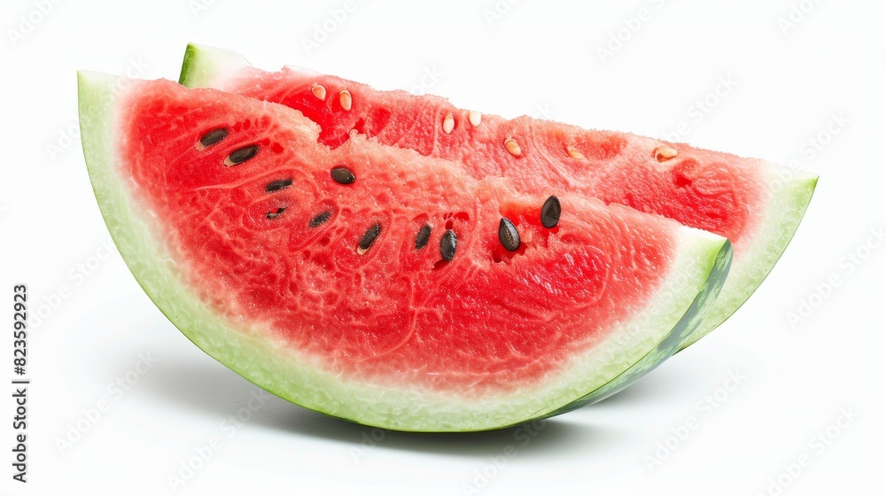 Close-up of a fresh watermelon slice, juicy red flesh and seeds visible, isolated on white background, studio lighting Close-up of a fresh watermelon slice, juicy red flesh and seeds visible, isolated on white background, studio lighting