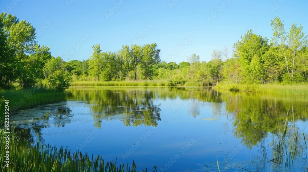 A serene pond reflecting a clear blue sky.