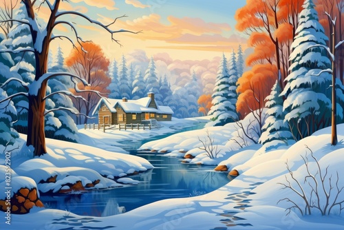 Idyllic winter wonderland cottage scene with snow-covered landscape. Frozen stream. Pine trees. And vibrant sunset photo