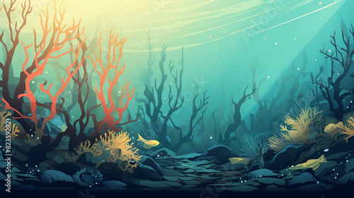 Tranquil Underwater Panorama with Lush Seaweeds - Vector Seascape Illustration