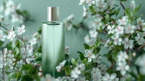 Close-up of a blank green bottle with elegant white cosmetic bottle mock up, surrounded by spring blossoms, isolated background, studio lighting