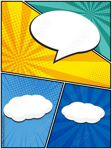 colorful comic book, pop art cartoon layout template halftone dotted background © nakedcm