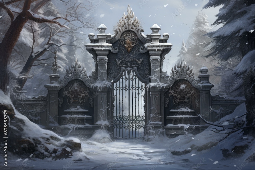 Obraz premium Digital art of a beautiful ornate gate amidst a snowy forest, evoking fantasy and mystery