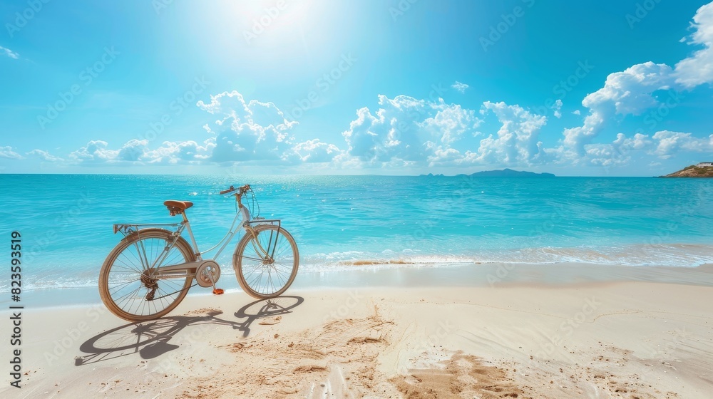 Classic bike on beach, sparkling blue water, summer sunshine, serene vacation setting