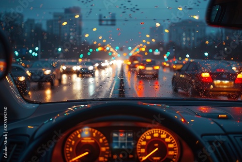 Drive in Rainy Day. Bad Weather on the Road with Blurred