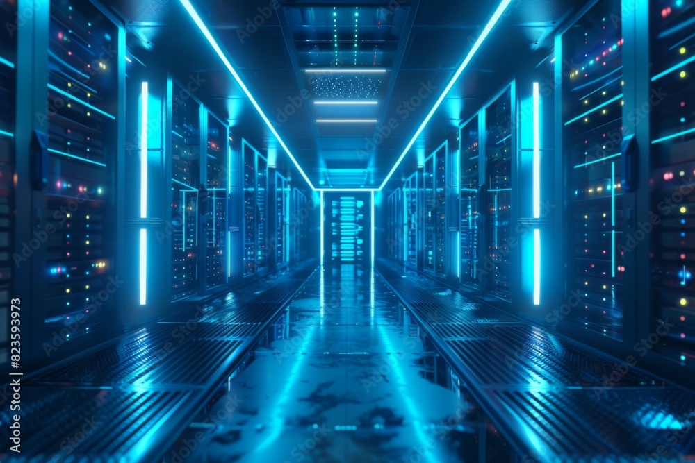 A hightech data center with rows of server cabinets illuminated by blue lights, Server racks in server room data center A hightech data center with rows of server cabinets illuminated by blue lights, Server racks in server room data center