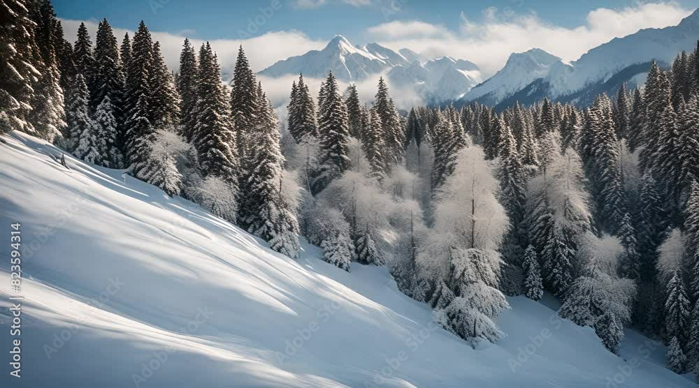 A majestic mountain covered in sparkling, fluffy white snow under a bright blue sky A majestic mountain covered in sparkling, fluffy white snow under a bright blue sky