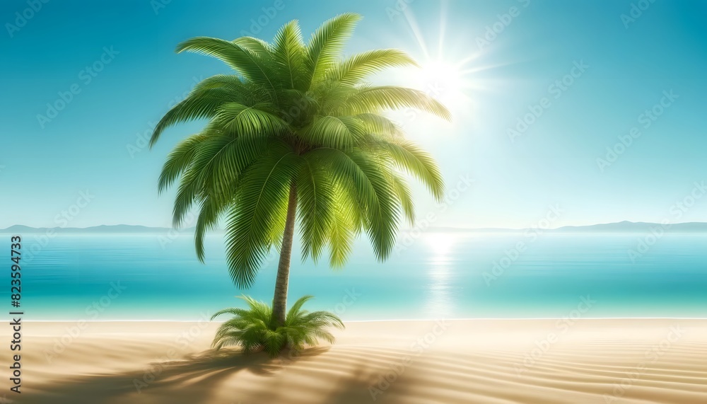 A single, lush palm tree standing on a pristine beach with clear blue waters and a bright sun in the sky, casting shadows on the golden sand. A single, lush palm tree standing on a pristine beach with clear blue waters and a bright sun in the sky, casting shadows on the golden sand.