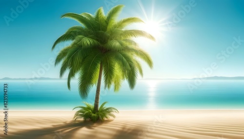 A single  lush palm tree standing on a pristine beach with clear blue waters and a bright sun in the sky  casting shadows on the golden sand.
