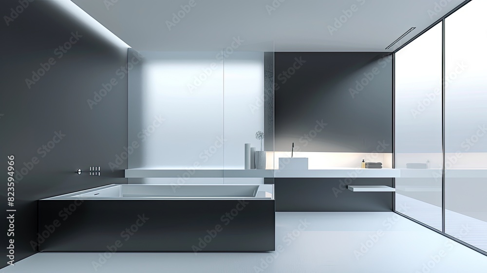 minimalist bathroom with a sleek black and white theme, a rectangular freestanding tub, and a large window with frosted glass for privacy minimalist bathroom with a sleek black and white theme, a rectangular freestanding tub, and a large window with frosted glass for privacy