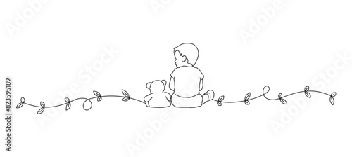 Little boy with teddy bear line art style vector illustration. Illustration of little boy with teddy bear for world children's day vector.