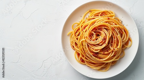 A top shot of tasty carbonara spaghetti food on a clean white plate against a clean white backdrop for text or product advertisement, Generative AI.