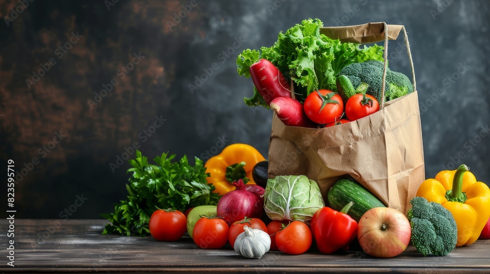 Fresh groceries including vegetables and fruits in a brown paper bag Fresh groceries including vegetables and fruits in a brown paper bag
