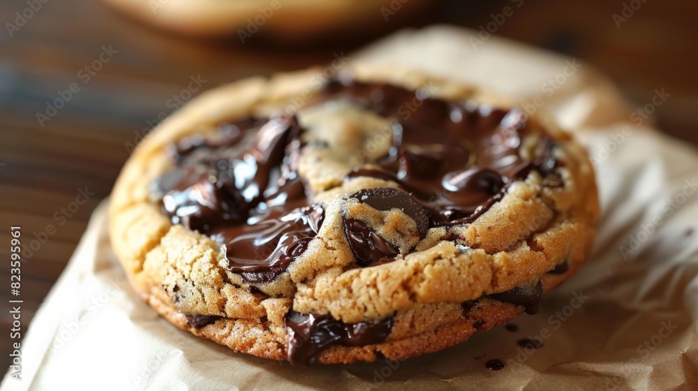 A close-up photo of a freshly baked chocolate chip cookie, oozing with melted chocolate A close-up photo of a freshly baked chocolate chip cookie, oozing with melted chocolate