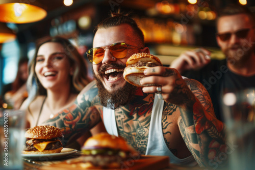 Happy tattooed man eating burger and laughing with friends 