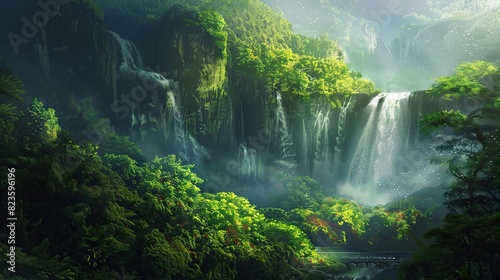 A breathtaking scene of a waterfall cascading through a lush green forest, surrounded by vibrant foliage 
