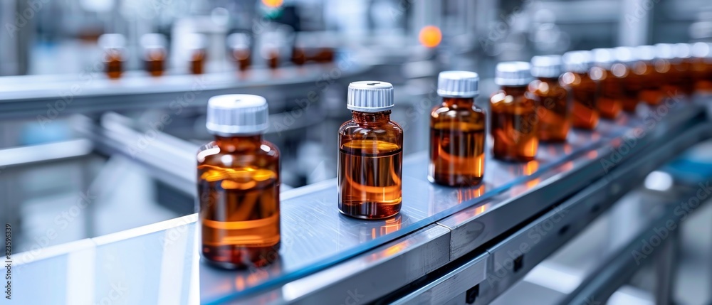 Close up Medical vials on production line at pharmaceutical factory, Pharmaceutical machine working pharmaceutical glass bottles production line Close up Medical vials on production line at pharmaceutical factory, Pharmaceutical machine working pharmaceutical glass bottles production line