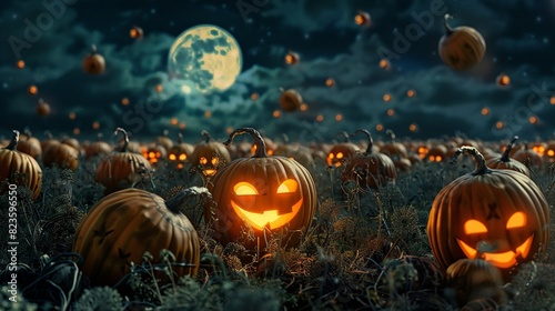 pumpkins under the full moon with malevolent look photo